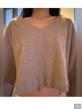 ALO Yoga Ribbed V-Neck Cropped Sweater in Taupe